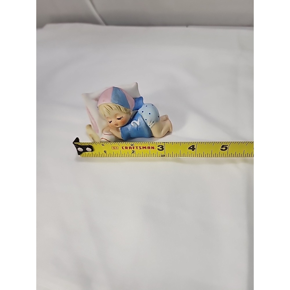 Vtg Lefton Baseball Baby Sleeping On Pillow Hand Painted Bisque Porcelain - Picture 7 of 8
